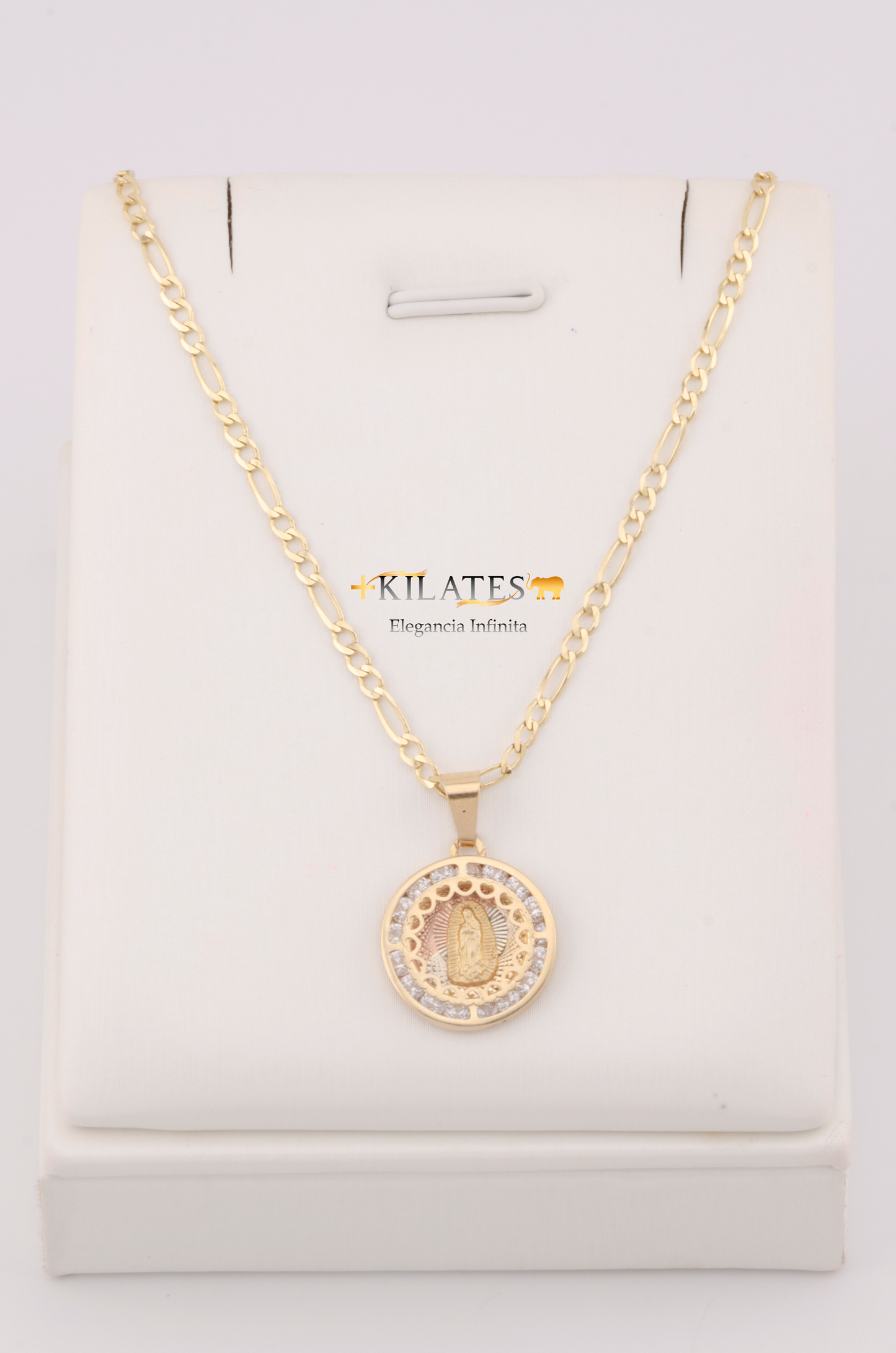 "CADENA DE 50CM PARA ADULTO ESTILO 3+1 SOLIDA CON DIJE DE LA VIRGEN RENDONDO MEDIANO CON ZIRCONIA BLANCA . ORO 10K #775-3244"