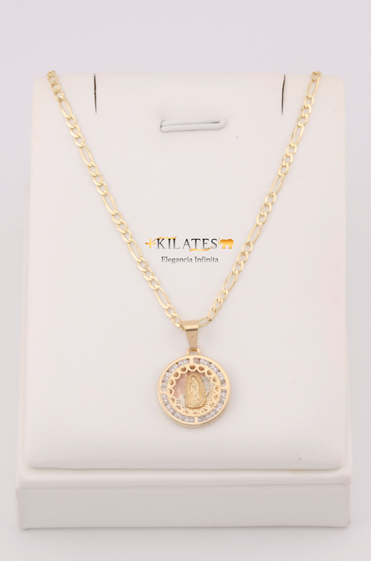 "CADENA DE 50CM PARA ADULTO ESTILO 3+1 SOLIDA CON DIJE DE LA VIRGEN RENDONDO MEDIANO CON ZIRCONIA BLANCA . ORO 10K #775-3244"
