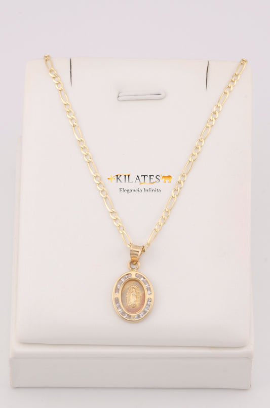"CADENA DE 50CM PARA ADULTO ESTILO 3+1 SOLIDA CON DIJE DE LA VIRGEN OVALADO MEDIANO CON ZIRCONIA BLANCA . ORO 10K #775-3246"
