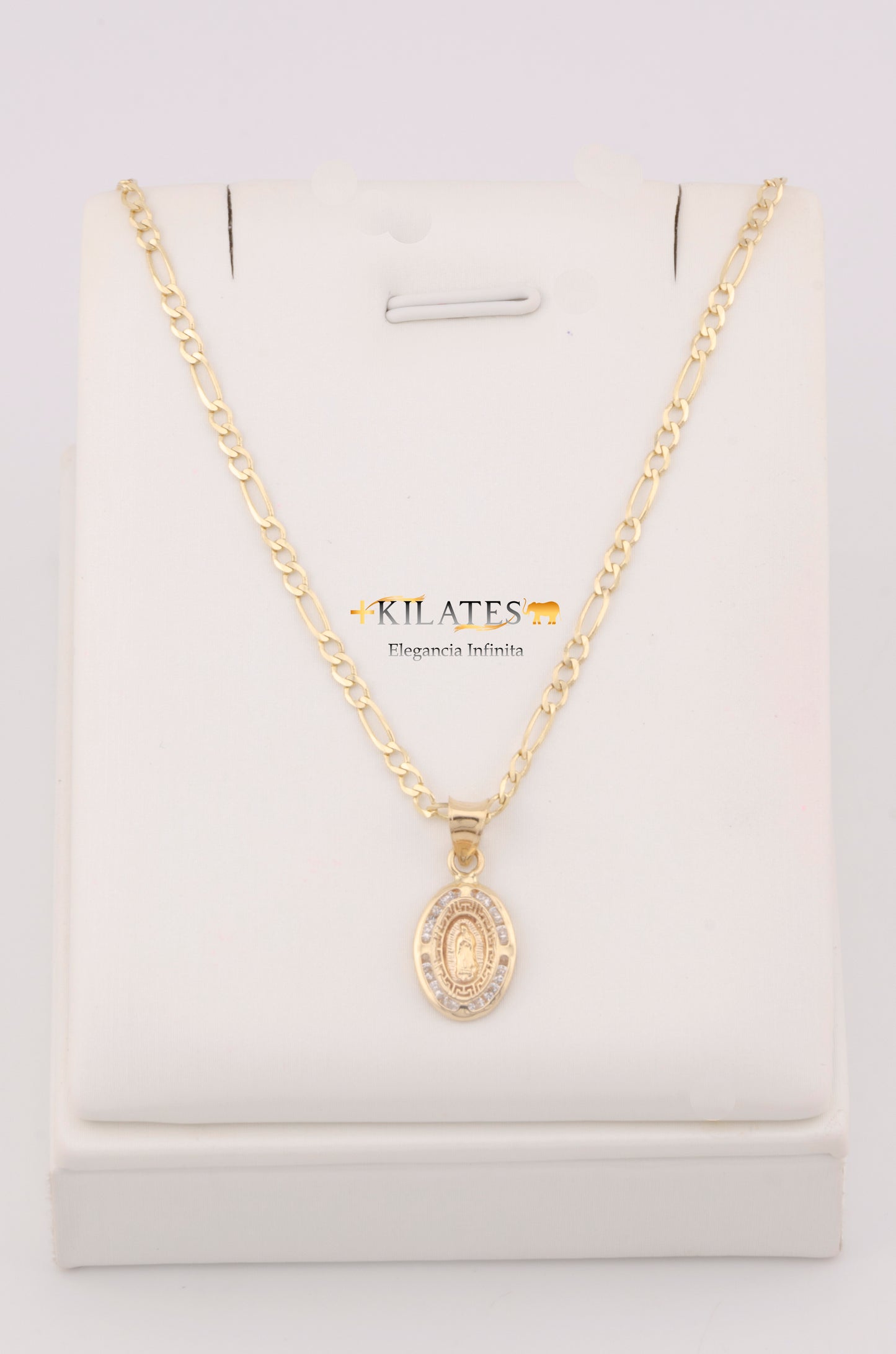 "CADENA DE 50CM PARA ADULTO ESTILO 3+1 SOLIDA CON DIJE OVALADO PEQUEÑO DE LA VIRGEN . ORO 10K #775-3250"