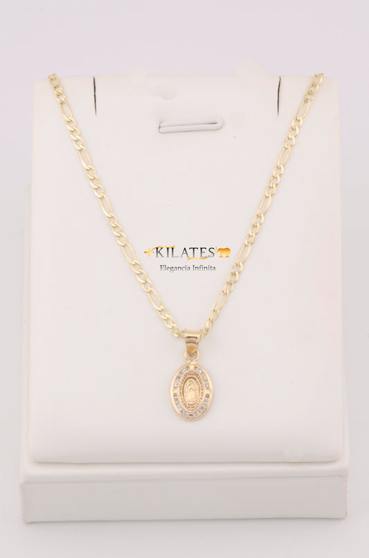 "CADENA DE 50CM PARA ADULTO ESTILO 3+1 SOLIDA CON DIJE OVALADO PEQUEÑO DE LA VIRGEN . ORO 10K #775-3250"