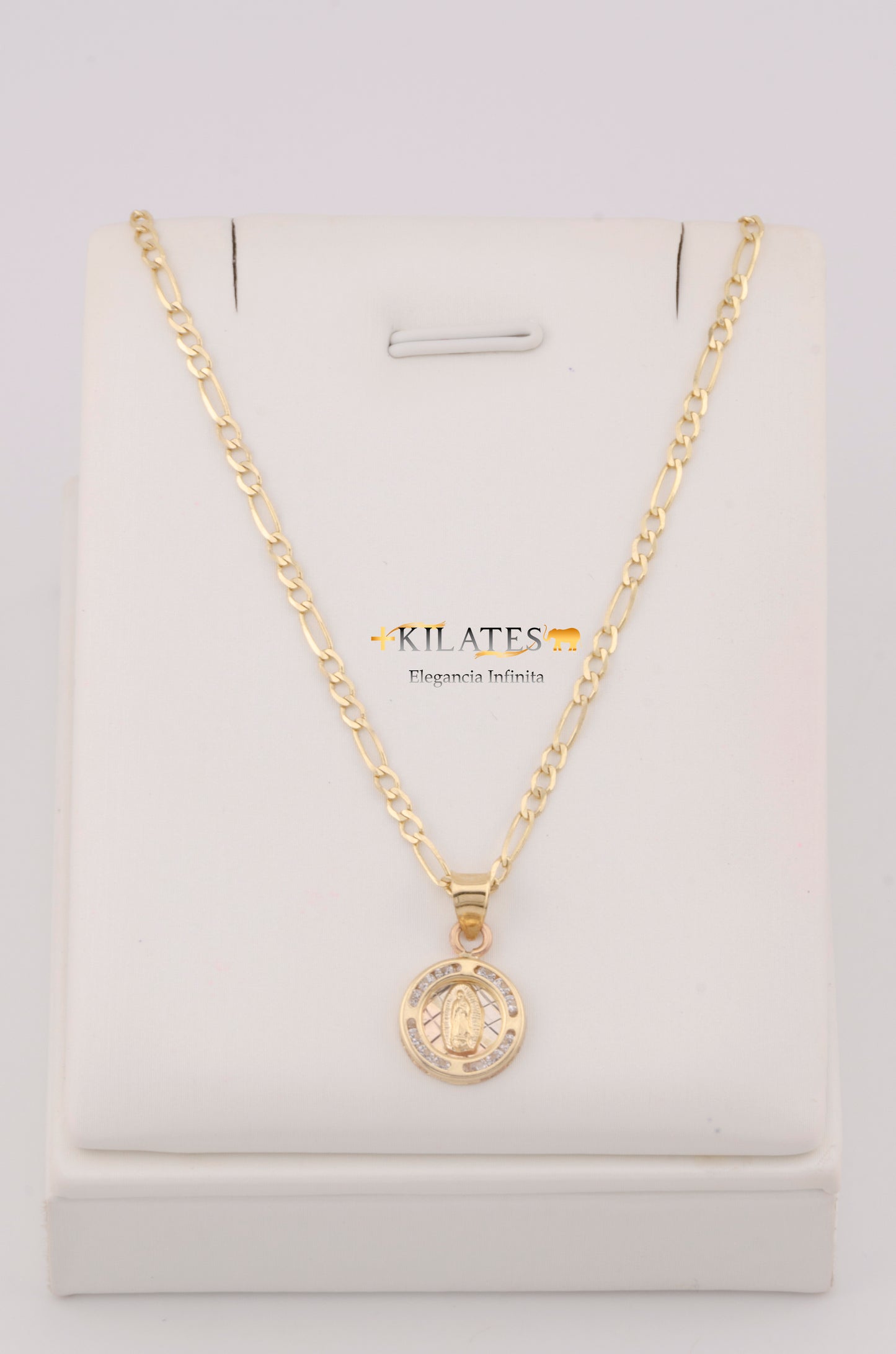 "CADENA DE 50CM PARA ADULTO ESTILO 3+1 SOLIDA CON DIJE REDONDO PEQUEÑO DE LA VIRGEN . ORO 10K #775-3254"