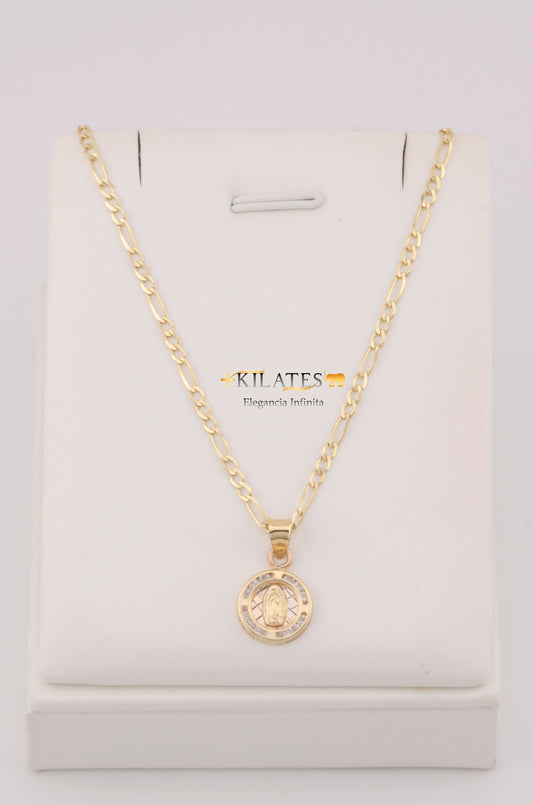"CADENA DE 50CM PARA ADULTO ESTILO 3+1 SOLIDA CON DIJE REDONDO PEQUEÑO DE LA VIRGEN . ORO 10K #775-3254"