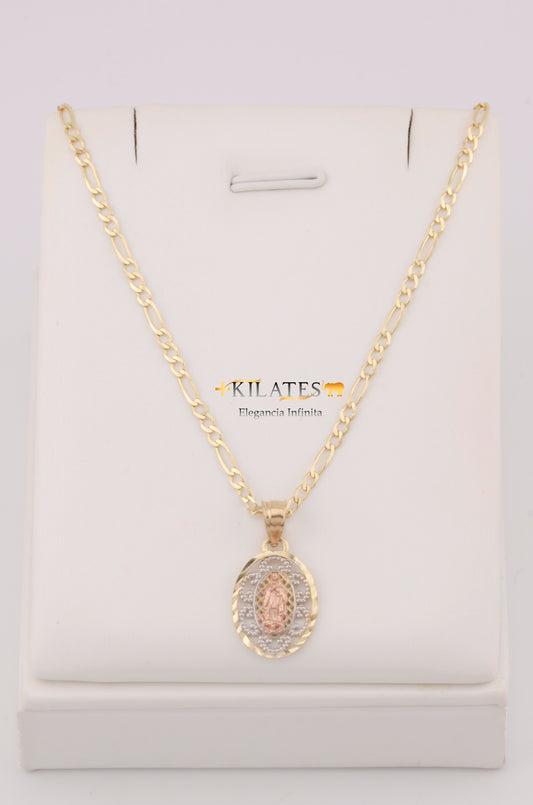 "CADENA DE 50CM PARA ADULTO ESTILO 3+1 SOLIDA CON DIJE 3 TONOS DE LA VIRGEN . ORO 10K #775-3248"