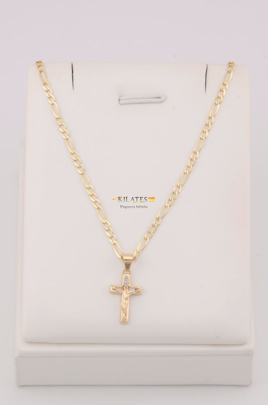 "CADENA DE 50CM PARA ADULTO ESTILO 3+1 SOLIDA CON DIJE DE CRUZ PEQUEÑA CON JESUCRISTO. ORO 10K #775-3258"