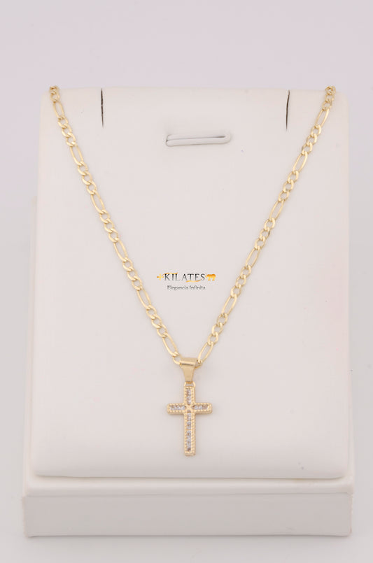 "CADENA DE 50CM PARA ADULTO ESTILO 3+1 SOLIDA CON DIJE DE CRUZ CON ZIRCONIA BLANCA . ORO 10K #775-3259"