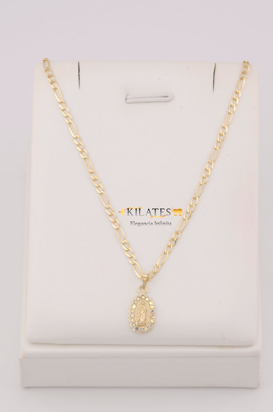 "CADENA DE 50CM PARA ADULTO ESTILO 3+1 SOLIDA CON DIJE DE LA VIRGEN CON ZIRCONIA TORNASOL . ORO 10K #775-3251"