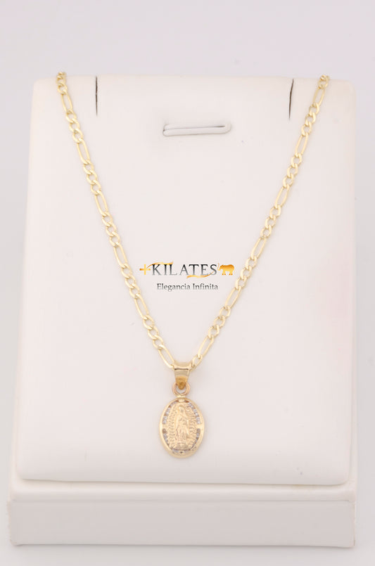 "CADENA DE 50CM PARA ADULTO ESTILO 3+1 SOLIDA CON DIJE OVALADO DE LA VIRGEN . ORO 10K #775-3253"