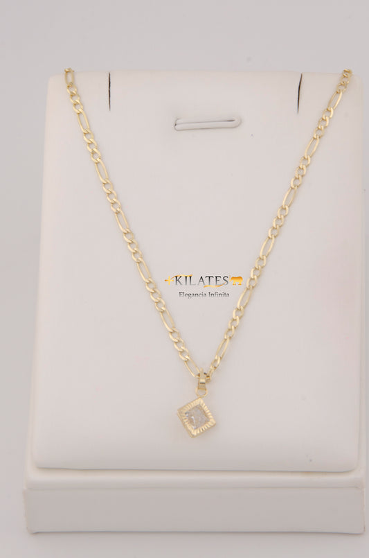 "CADENA DE 50CM PARA ADULTO ESTILO 3+1 SOLIDA CON DIJE CUADRADO CON ZIRCONIA BLANCA . ORO 10K #775-3288"