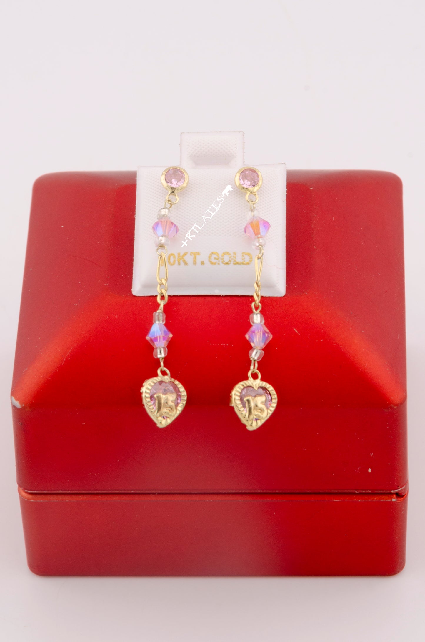 "ARETES LARGOS DE 15 AÑOS CON CRISTALES SWAROSKY ROSADOS, ORO 10K #775-3345"
