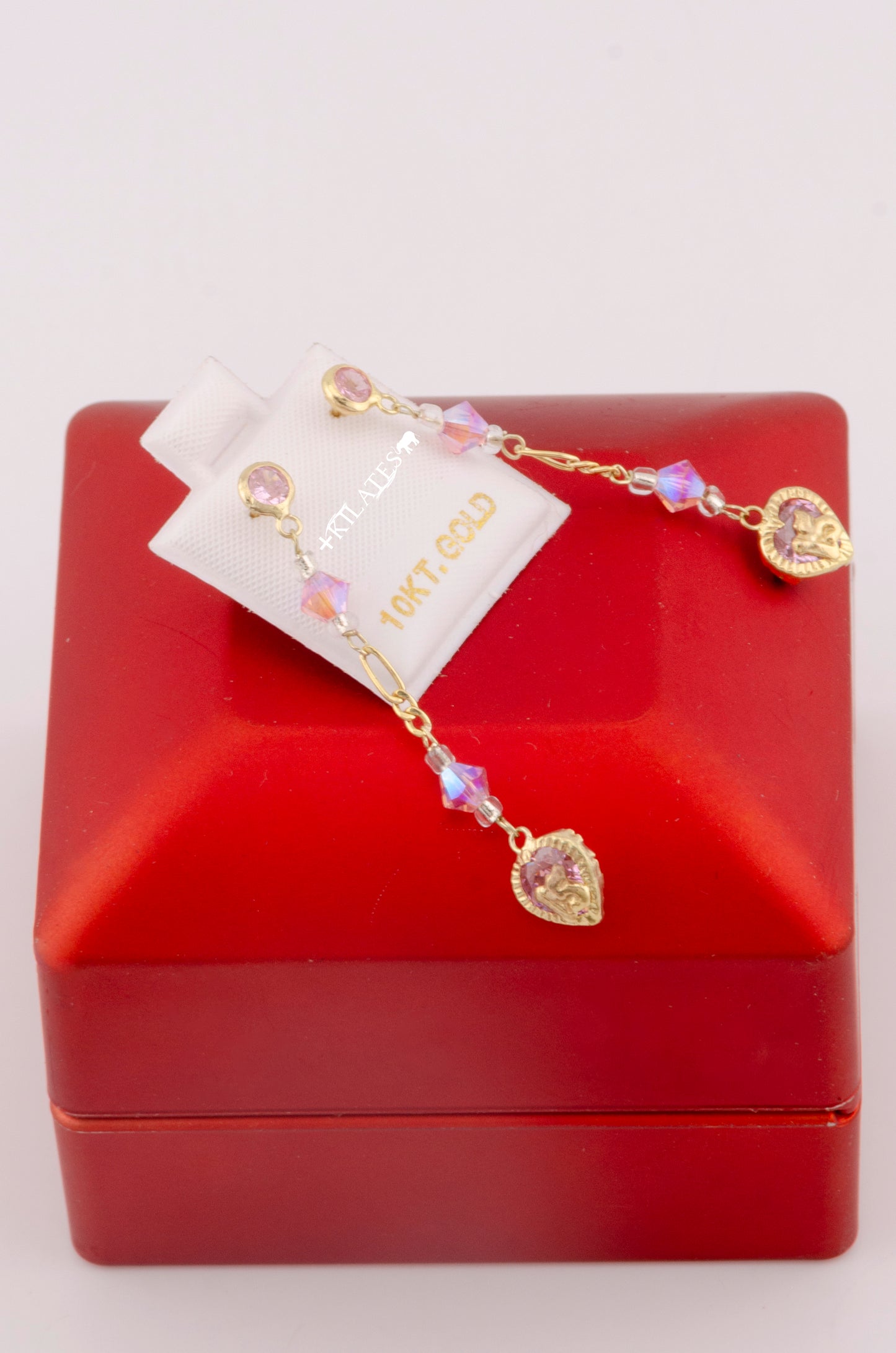 "ARETES LARGOS DE 15 AÑOS CON CRISTALES SWAROSKY ROSADOS, ORO 10K #775-3345"