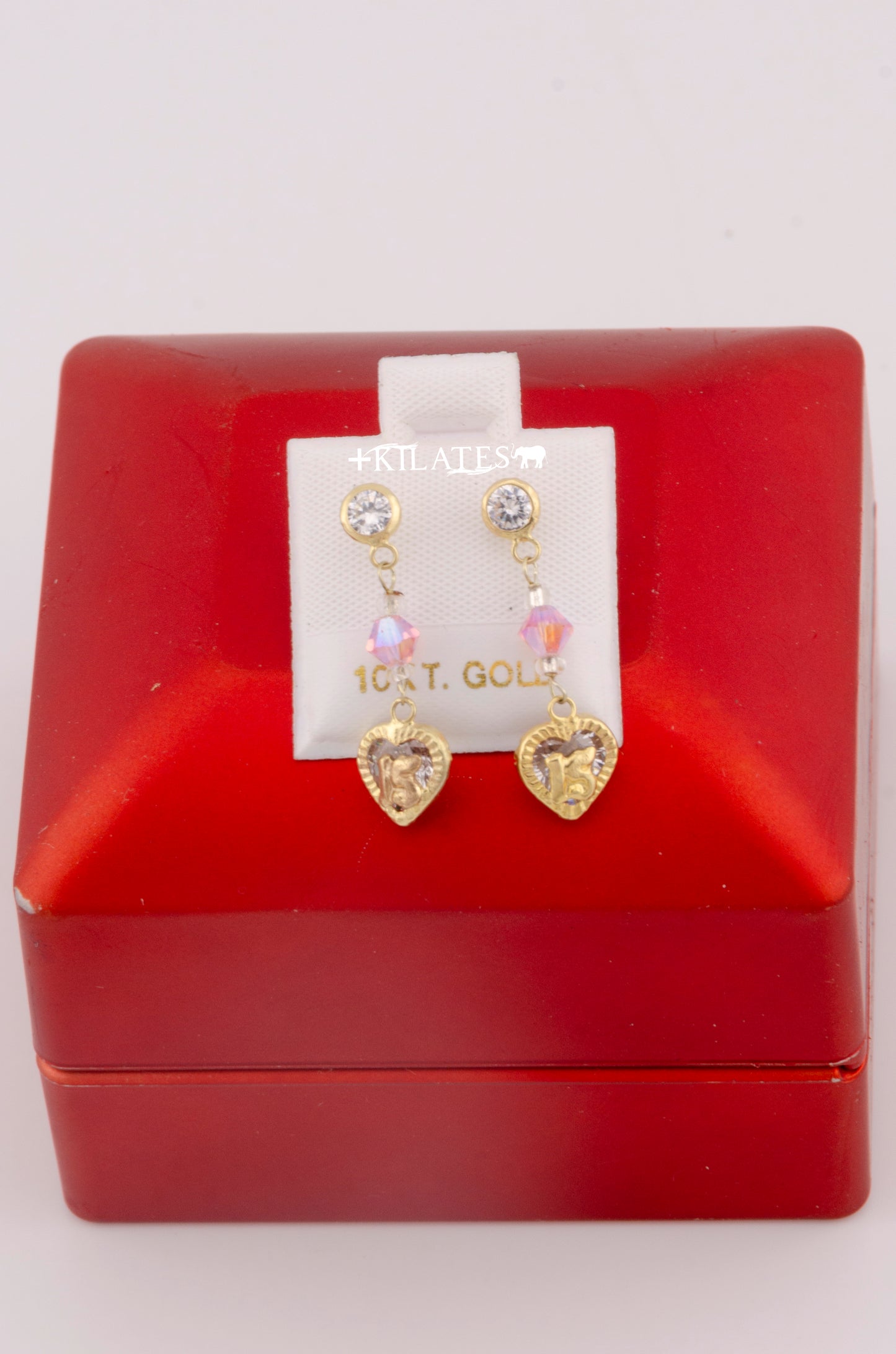 "ARETES LARGOS DE 15 AÑOS CON CRISTALES SWAROSKY ROSADOS, ORO 10K #775-3346"