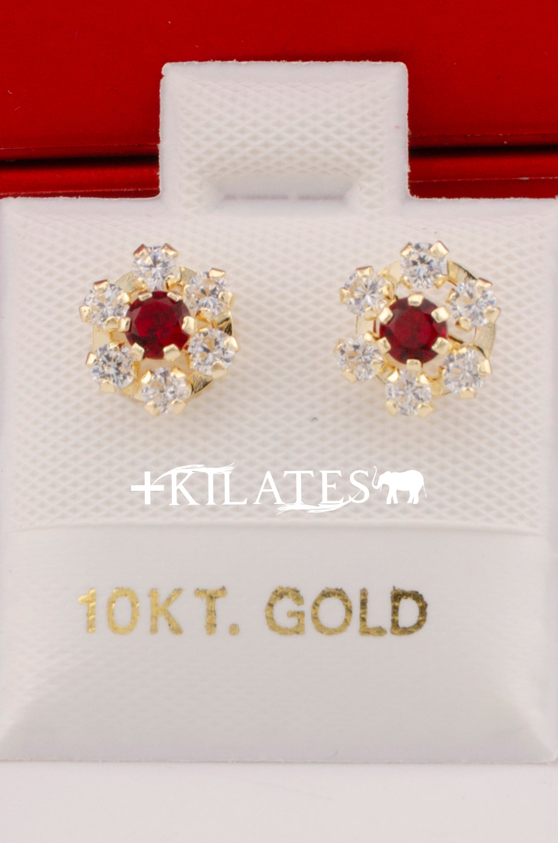 "ARETES PREMIUM DE FLOR DE ZIRCONIA BLANCA CON ROJA . ORO 10K #775-3352"