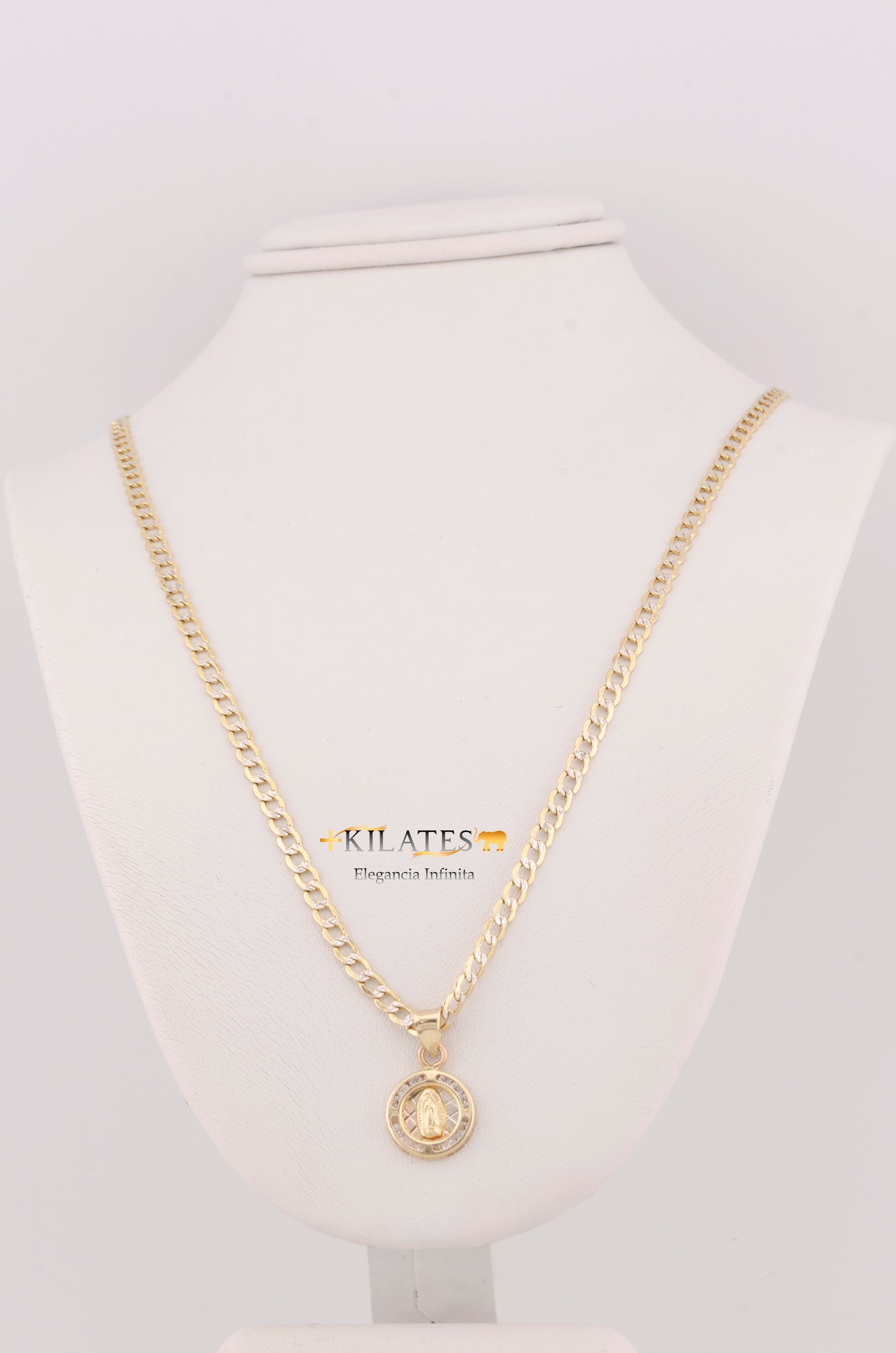 "CADENA DE 40CM PARA NIÑ@ ESTILO CUBANA DIAMANTADA CON DIJE REDONDO DE LA VIRGEN. ORO 10K #775-3372"