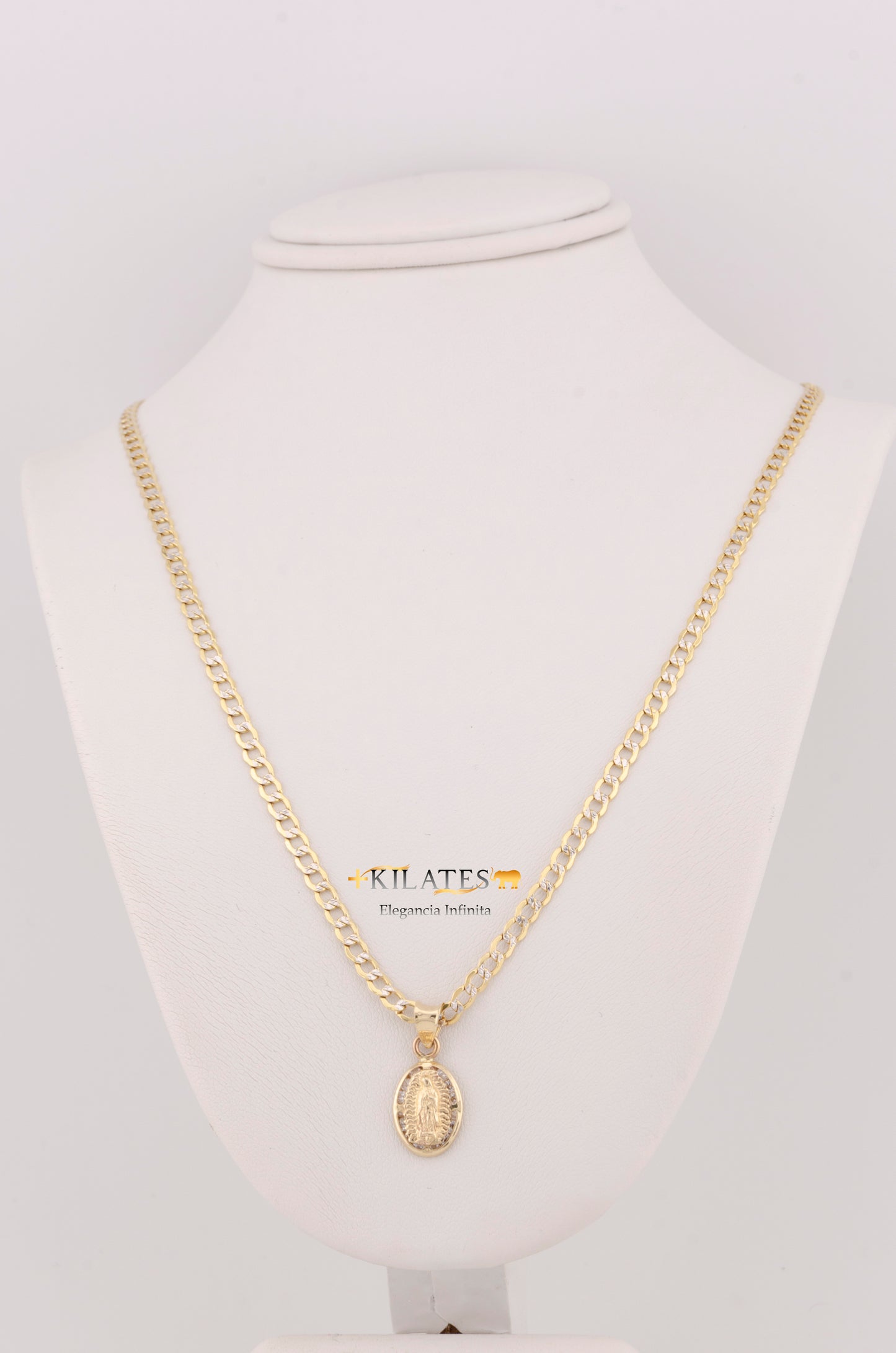 "CADENA DE 40CM PARA NIÑ@ CUBANA DIAMANTADA SOLIDA CON DIJE OVALADO DE LA VIRGEN. ORO 10K #775-3371"