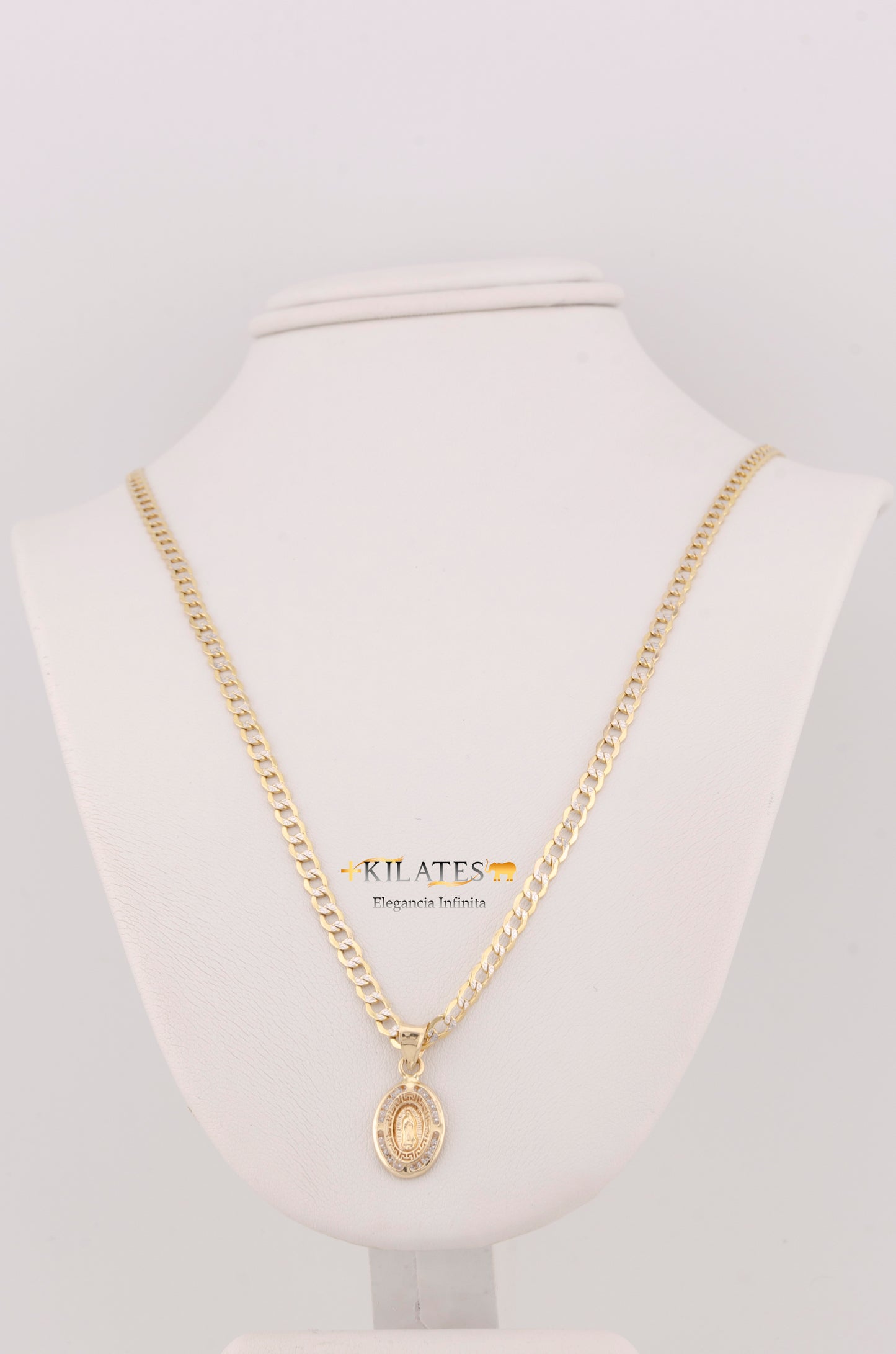 "CADENA DE 40CM PARA NIÑ@ ESTILO CUBANA DIAMANTADA CON DIJE OVALADO DE LA VIRGEN. ORO 10K #775-3373"
