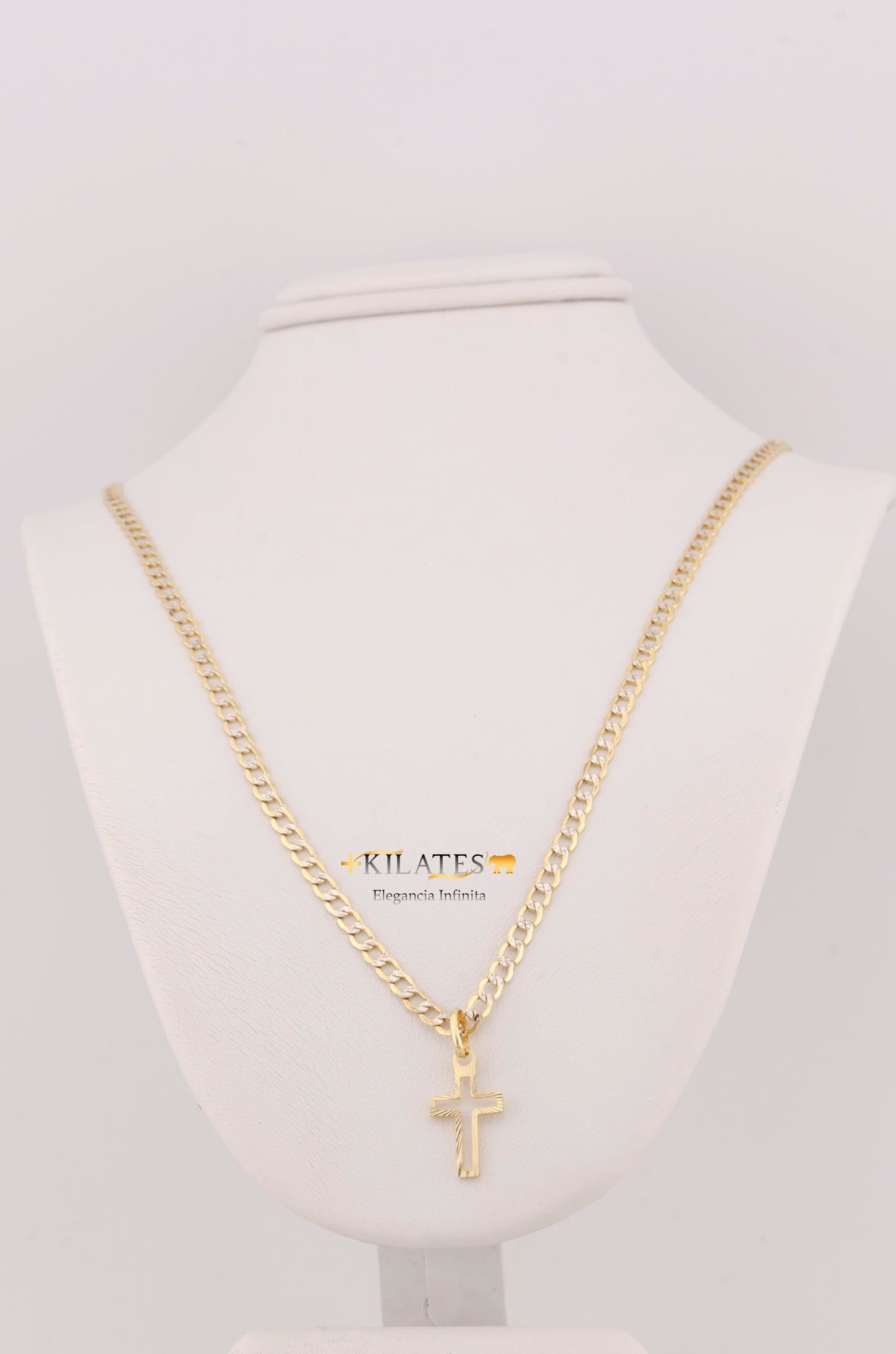 "CADENA DE 40CM PARA NIÑ@ ESTILO CUBANA DIAMANTADA CON DIJE DE CRUZ. ORO 10K #775-3376"