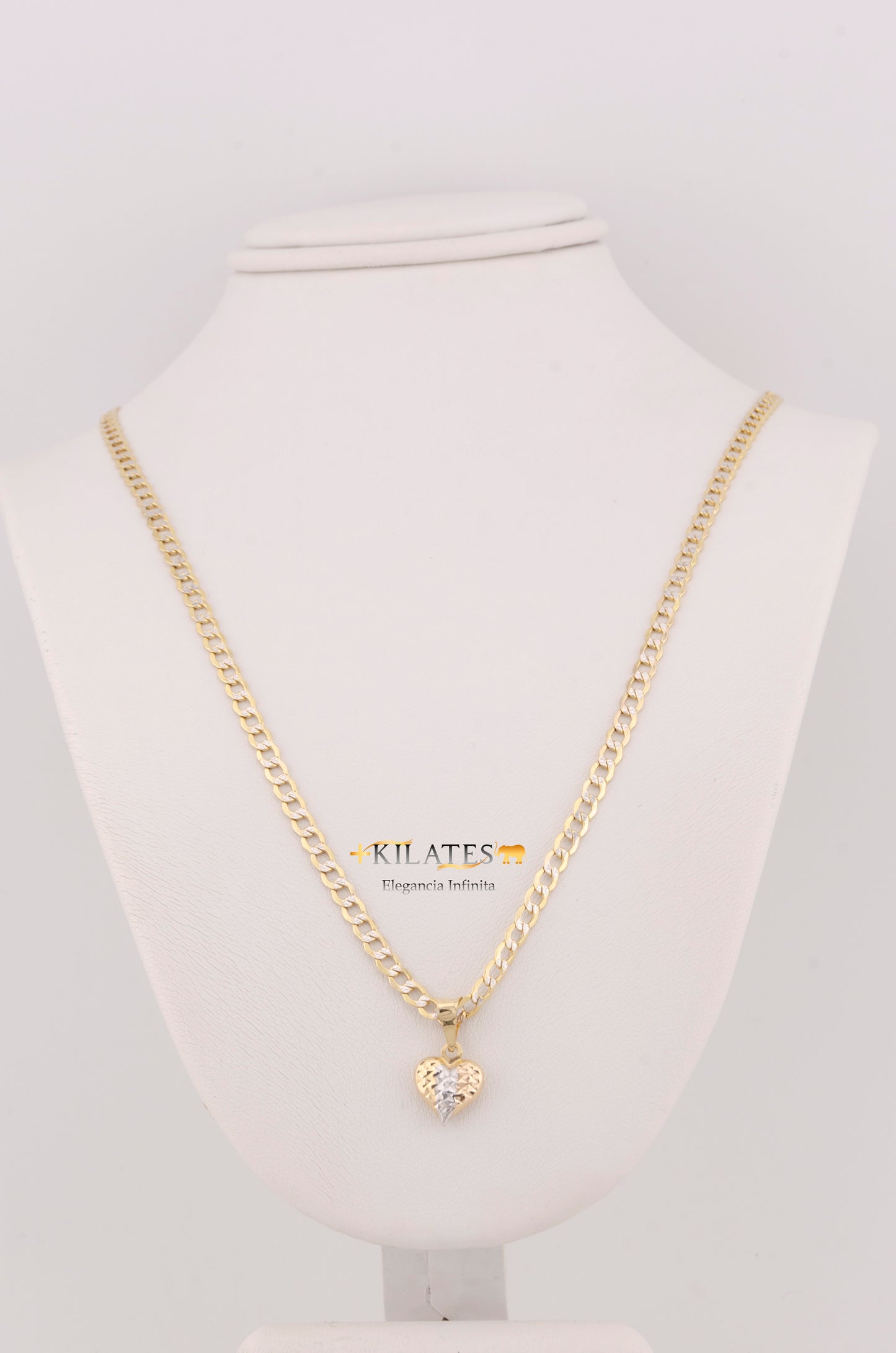 "CADENA DE 40CM PARA NIÑ@ ESTILO CUBANA DIAMANTADA CON DIJE DE CORAZON 3 TONOS PEQIEÑO. ORO 10K #775-3377"