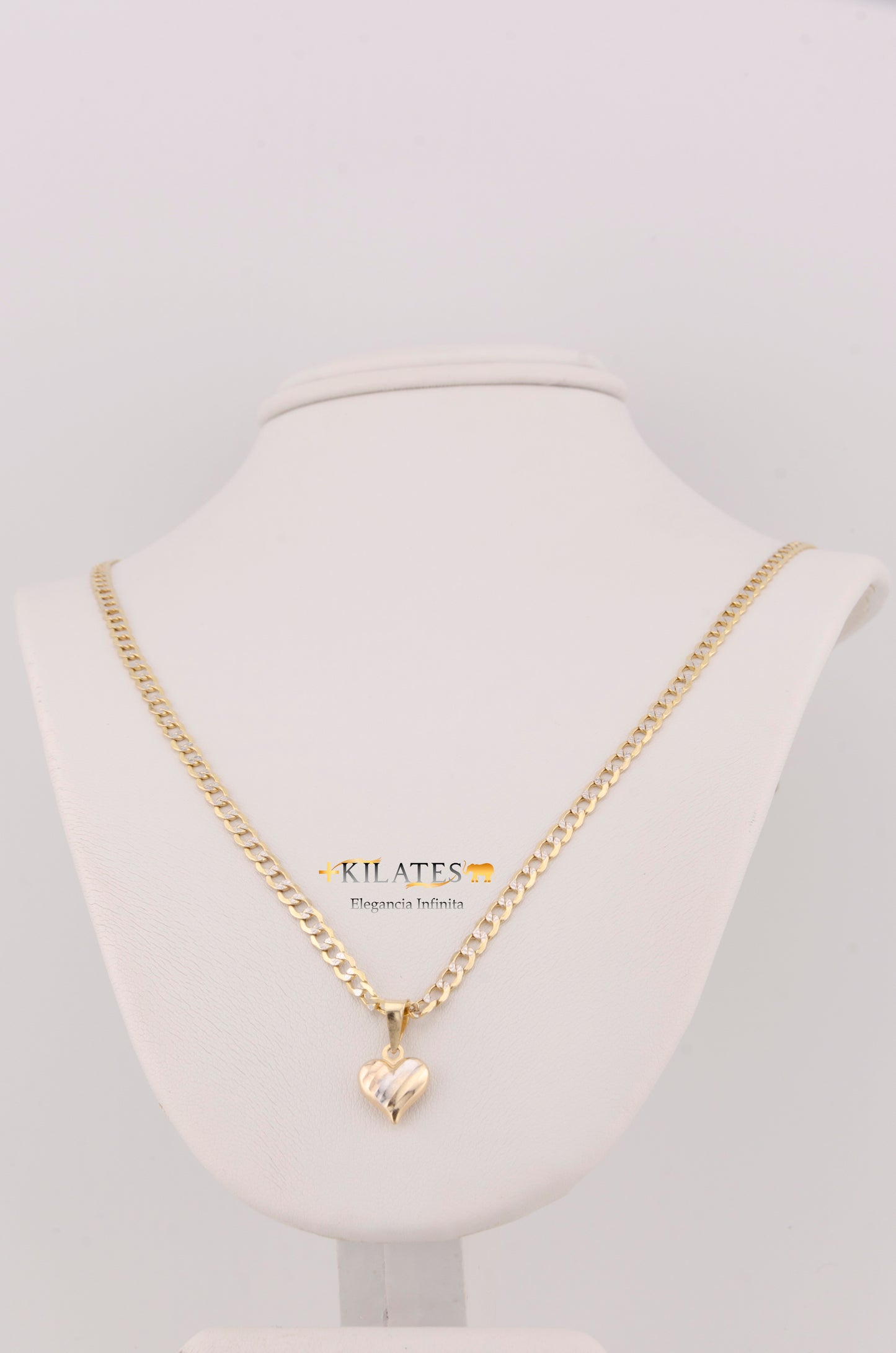 "CADENA DE 40CM PARA NIÑ@ ESTILO CUBANA DIAMANTADA CON DIJE DE CORAZON 3 TONOS. ORO 10K #775-3380"