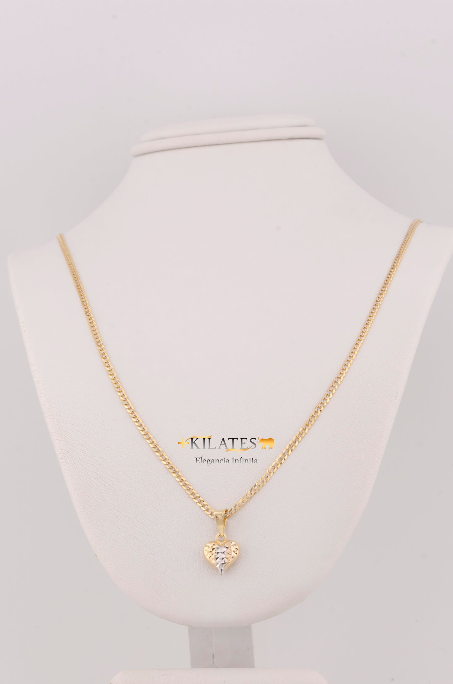 "CADENA DE 40CM PARA NIÑ@ ESTILO CUBANA DIAMANTADA SOLIDA CON DIJE CORAZON 3 TONOS PEQUEÑO. ORO 10K #775-3367"