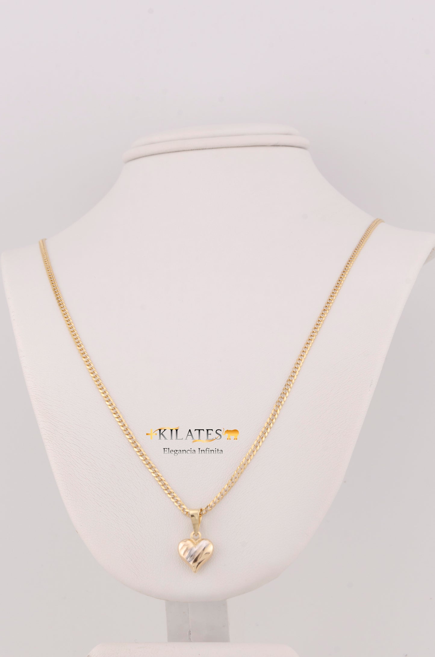 "CADENA DE 40CM PARA NIÑ@ ESTILO CUBANA DIAMANTADA SOLIDA CON DIJE CORAZON 3 TONOS PEQUEÑO. ORO 10K #775-3369"