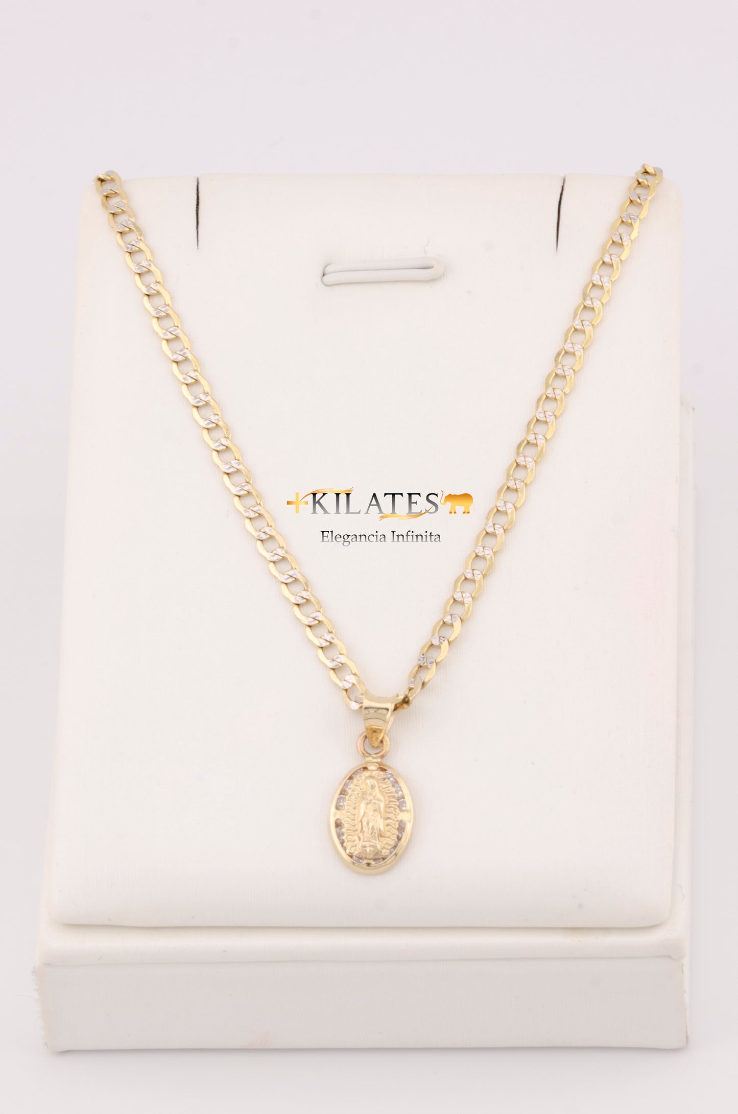 "CADENA DE 40CM PARA NIÑ@ CUBANA DIAMANTADA SOLIDA CON DIJE OVALADO DE LA VIRGEN. ORO 10K #775-3371"
