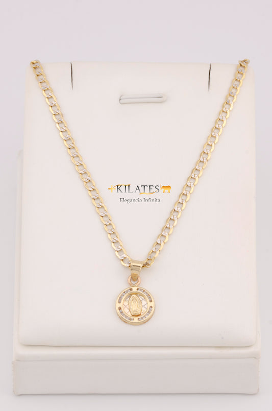 "CADENA DE 40CM PARA NIÑ@ ESTILO CUBANA DIAMANTADA CON DIJE REDONDO DE LA VIRGEN. ORO 10K #775-3372"