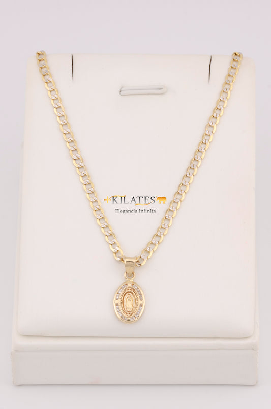 "CADENA DE 40CM PARA NIÑ@ ESTILO CUBANA DIAMANTADA CON DIJE OVALADO DE LA VIRGEN. ORO 10K #775-3373"