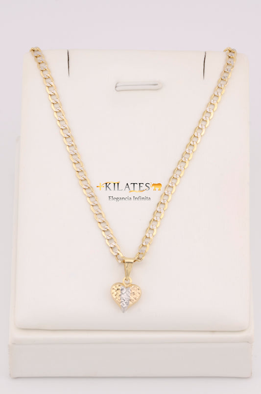 "CADENA DE 40CM PARA NIÑ@ ESTILO CUBANA DIAMANTADA CON DIJE DE CORAZON 3 TONOS PEQIEÑO. ORO 10K #775-3377"
