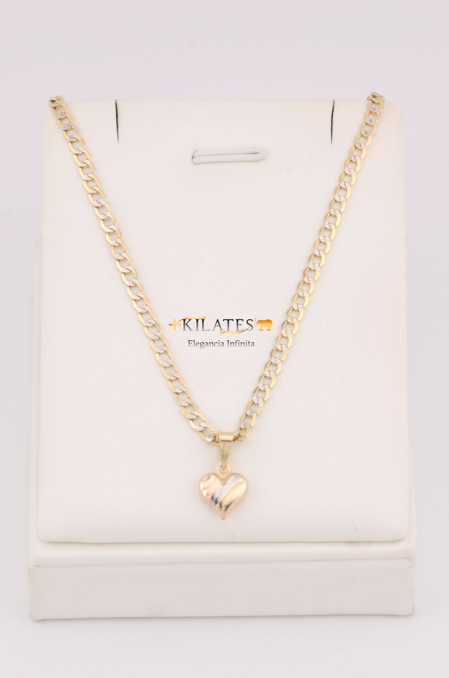 "CADENA DE 40CM PARA NIÑ@ ESTILO CUBANA DIAMANTADA CON DIJE DE CORAZON 3 TONOS. ORO 10K #775-3380"