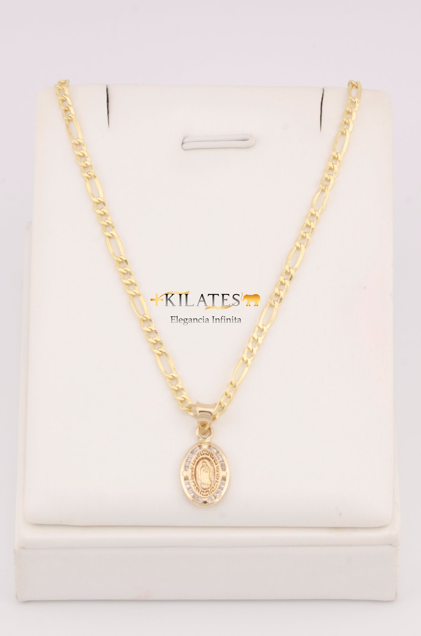 "CADENA DE 40CM PARA NIÑ@ ESTILO 3+1 CON DIJE OVALADO DE LA VIRGEN. ORO 10K #775-3383"