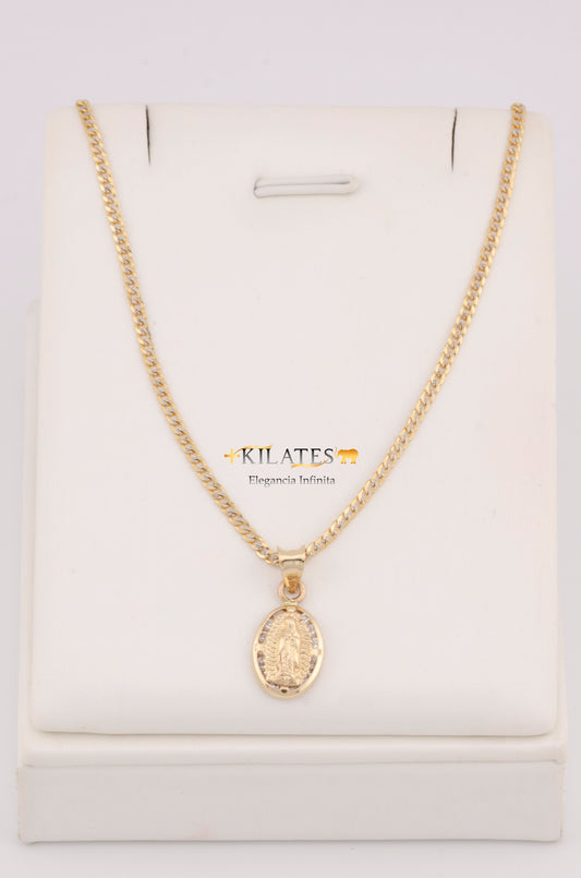 "CADENA DE 40CM PARA NIÑ@ ESTILO CUBANA DIAMANTADA SOLIDA CON DIJE OVALADO DE LA VIRGEN. ORO 10K #775-3361"