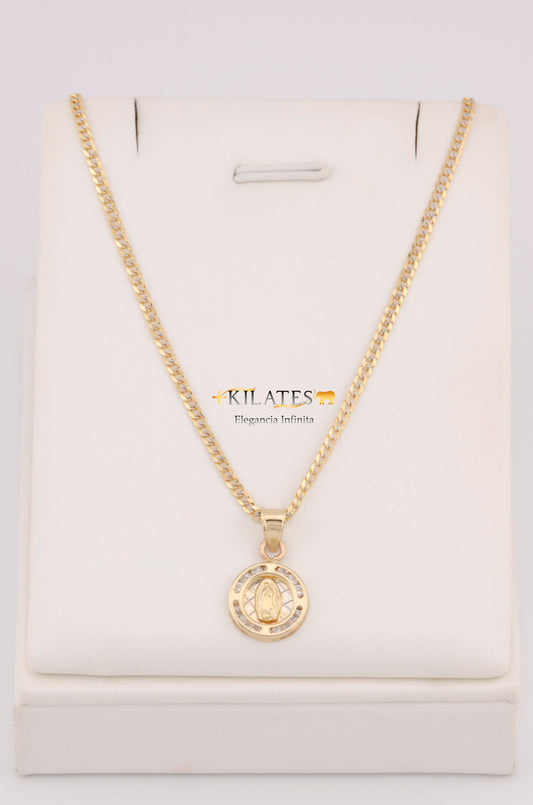 "CADENA DE 40CM PARA NIÑ@ ESTILO CUBANA DIAMANTADA SOLIDA CON DIJE REDONDO DE LA VIRGEN. ORO 10K #775-3362"