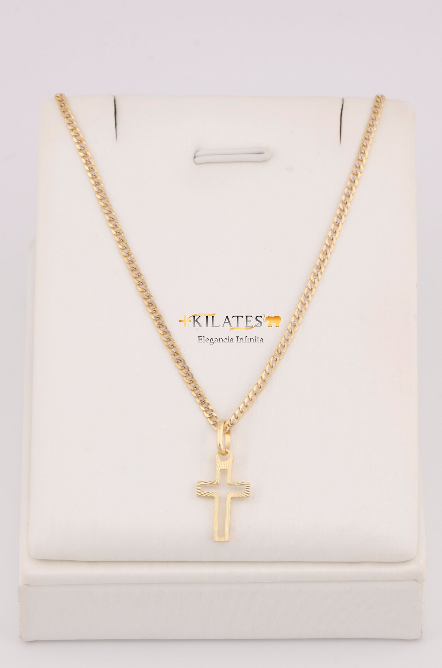 "CADENA DE 40CM PARA NIÑ@ ESTILO CUBANA DIAMANTADA SOLIDA CON DIJE CRUZ. ORO 10K #775-3365"