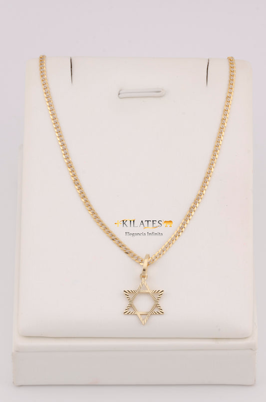"CADENA DE 40CM PARA NIÑ@ ESTILO CUBANA DIAMANTADA SOLIDA CON DIJE OVALADO DE ESTRELLA DE DAVID. ORO 10K #775-3366"