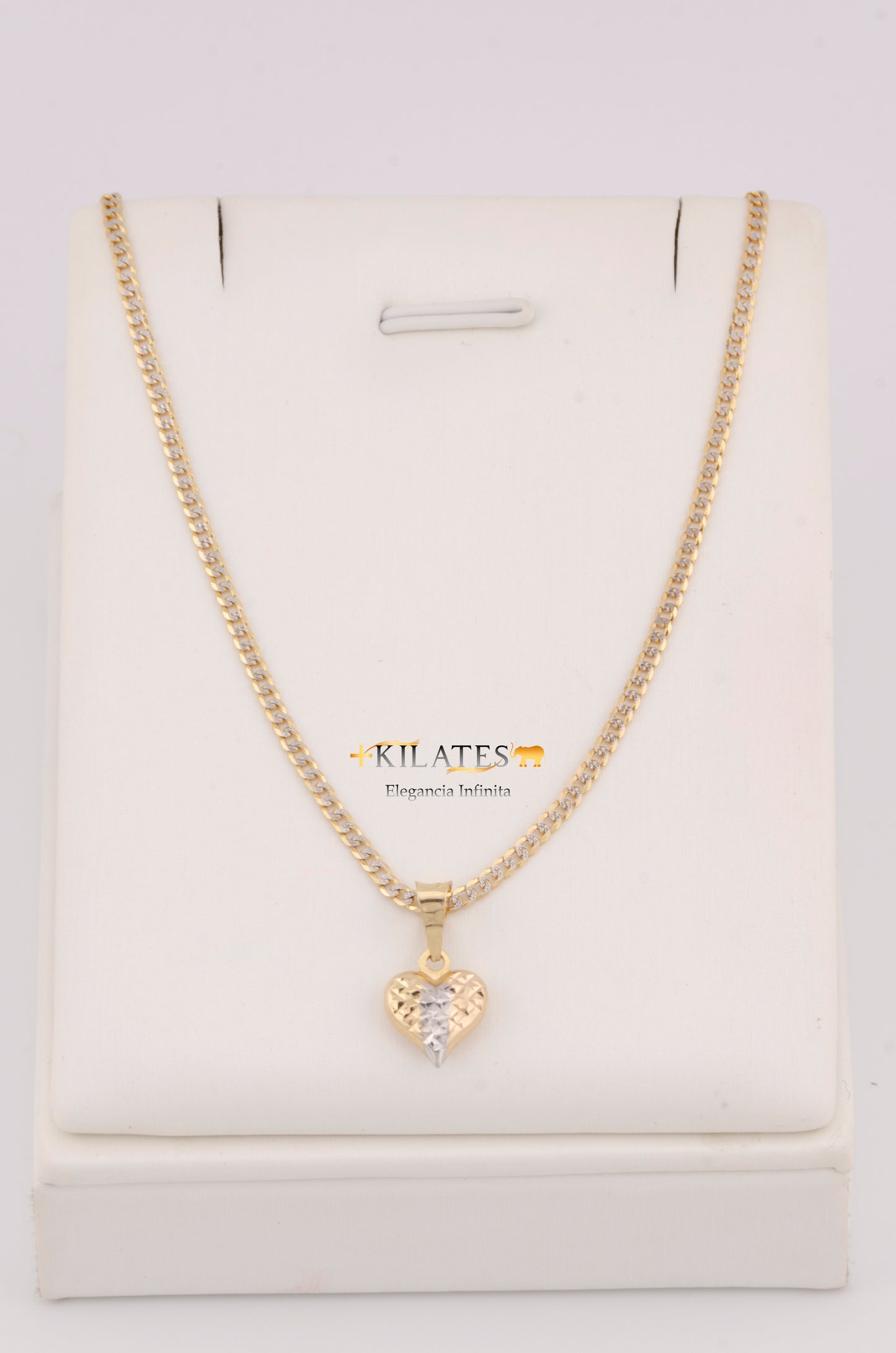 "CADENA DE 40CM PARA NIÑ@ ESTILO CUBANA DIAMANTADA SOLIDA CON DIJE CORAZON 3 TONOS PEQUEÑO. ORO 10K #775-3367"