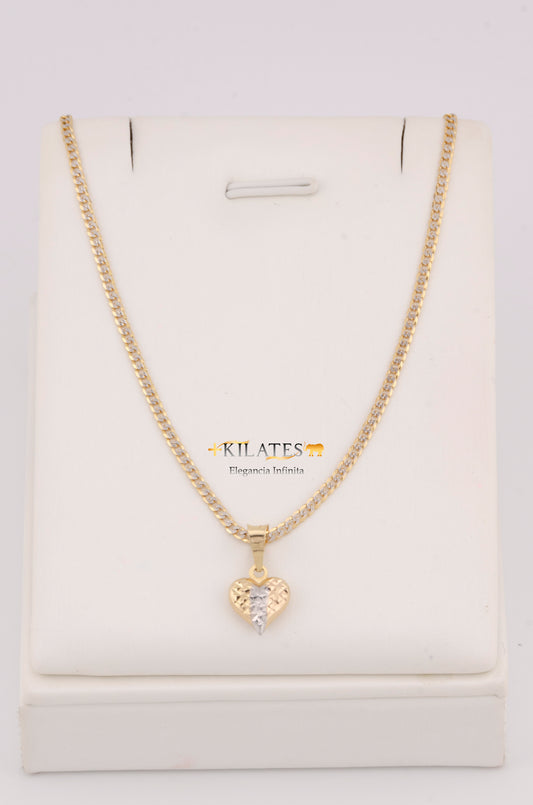 "CADENA DE 40CM PARA NIÑ@ ESTILO CUBANA DIAMANTADA SOLIDA CON DIJE CORAZON 3 TONOS PEQUEÑO. ORO 10K #775-3367"