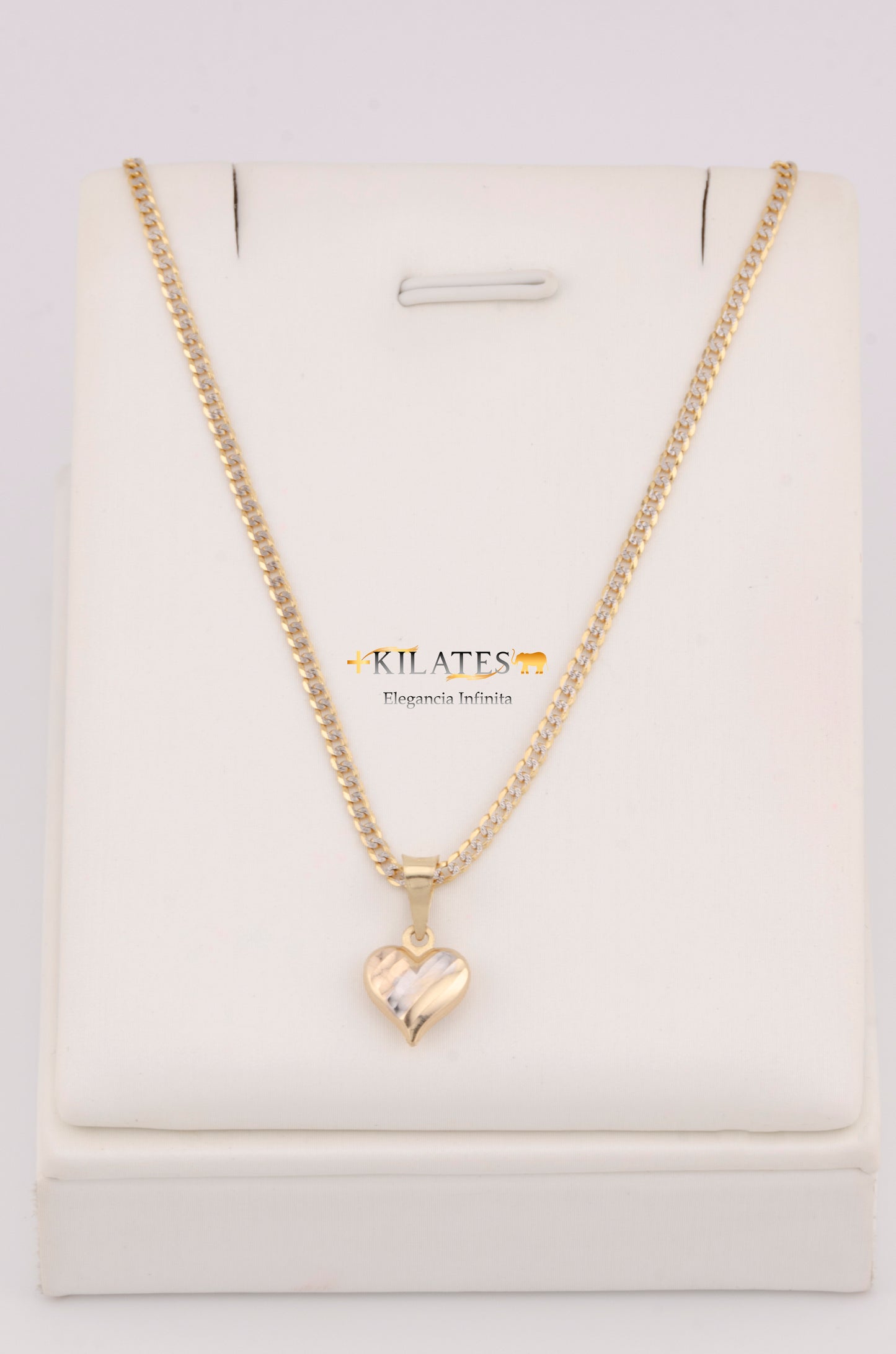 "CADENA DE 40CM PARA NIÑ@ ESTILO CUBANA DIAMANTADA SOLIDA CON DIJE CORAZON 3 TONOS PEQUEÑO. ORO 10K #775-3369"