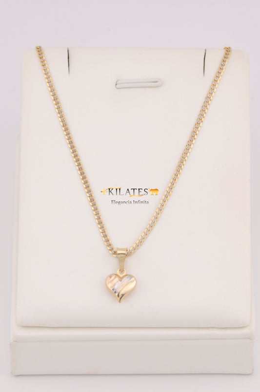 "CADENA DE 40CM PARA NIÑ@ ESTILO CUBANA DIAMANTADA SOLIDA CON DIJE CORAZON 3 TONOS PEQUEÑO. ORO 10K #775-3369"