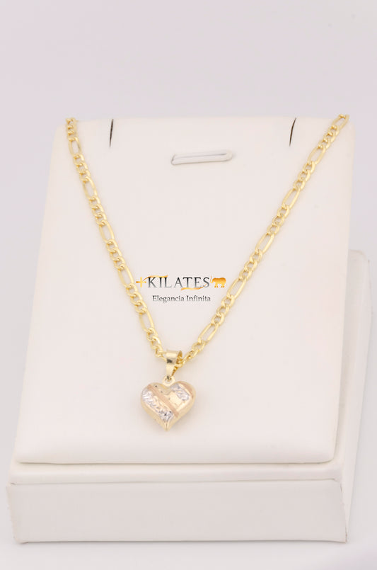 "CADENA DE 50CM PARA ADULTO ESTILO 3+1 CON DIJE DE CORAZON 3 TONOS GRANDE. ORO 10K #775-3396"