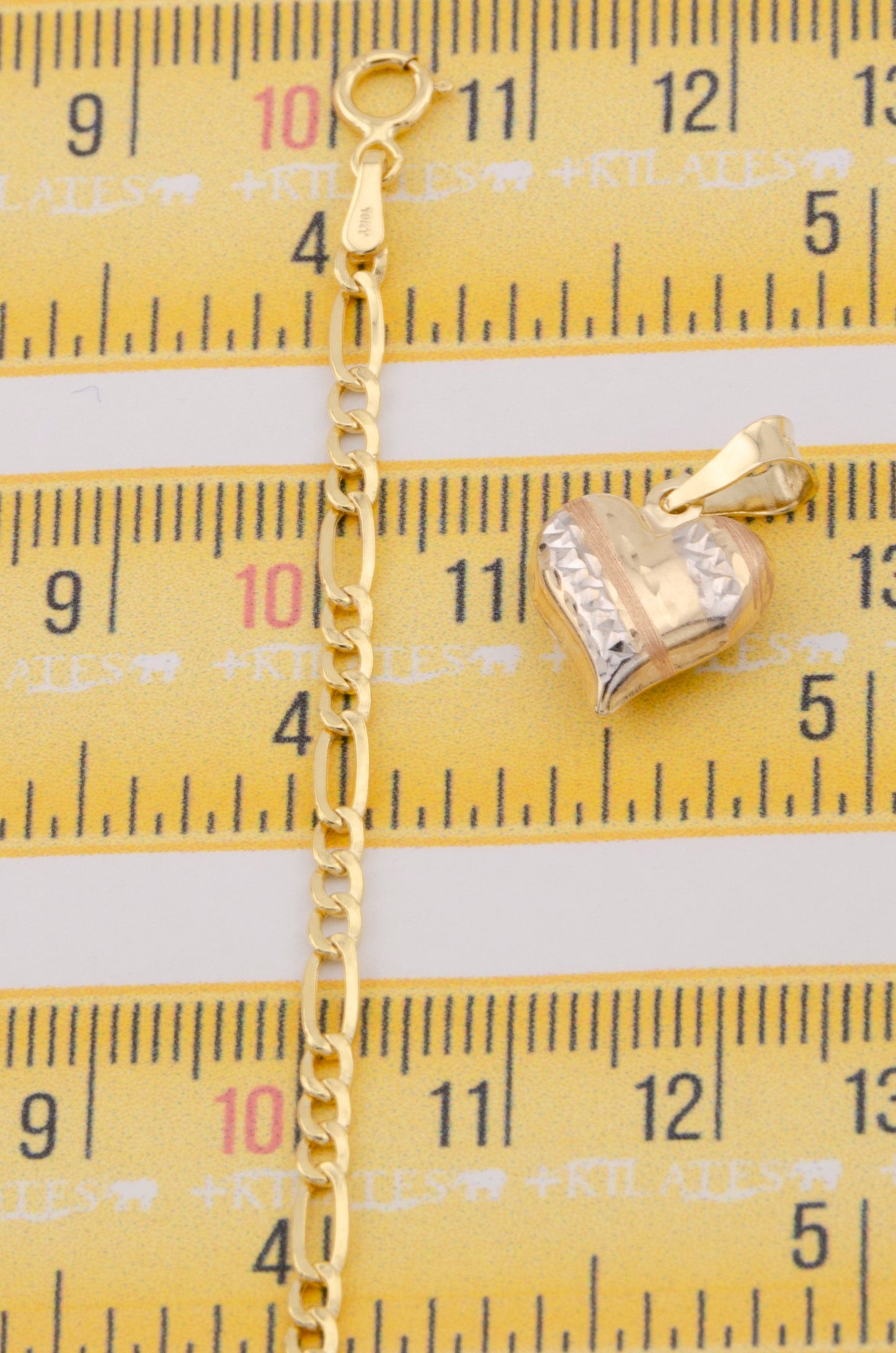 "CADENA DE 50CM PARA ADULTO ESTILO 3+1 CON DIJE DE CORAZON 3 TONOS GRANDE. ORO 10K #775-3396"