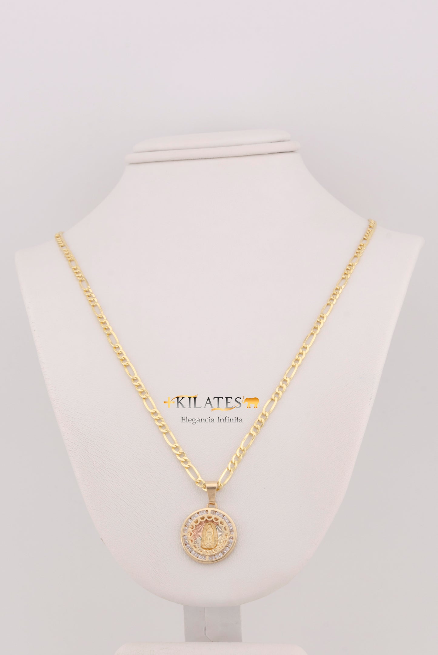 "CADENA DE 50CM PARA ADULTO ESTILO 3+1 CON DIJE REDONDO MEDIANDO DE LA VIRGEN. ORO 10K #775-3402"