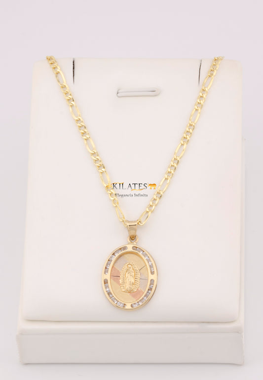 "CADENA DE 50CM PARA ADULTO ESTILO 3+1 CON DIJE OVALADO GRANDE DE LA VIRGEN. ORO 10K #775-3400"