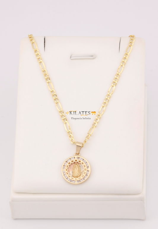 "CADENA DE 50CM PARA ADULTO ESTILO 3+1 CON DIJE REDONDO MEDIANDO DE LA VIRGEN. ORO 10K #775-3402"