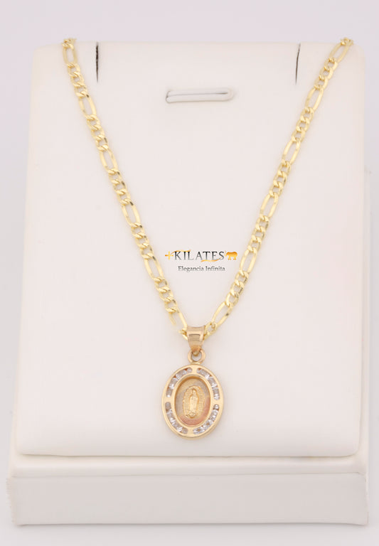 "CADENA DE 50CM PARA ADULTO ESTILO 3+1 CON DIJE OVALADO MEDIANO DE LA VIRGEN. ORO 10K #775-3403"