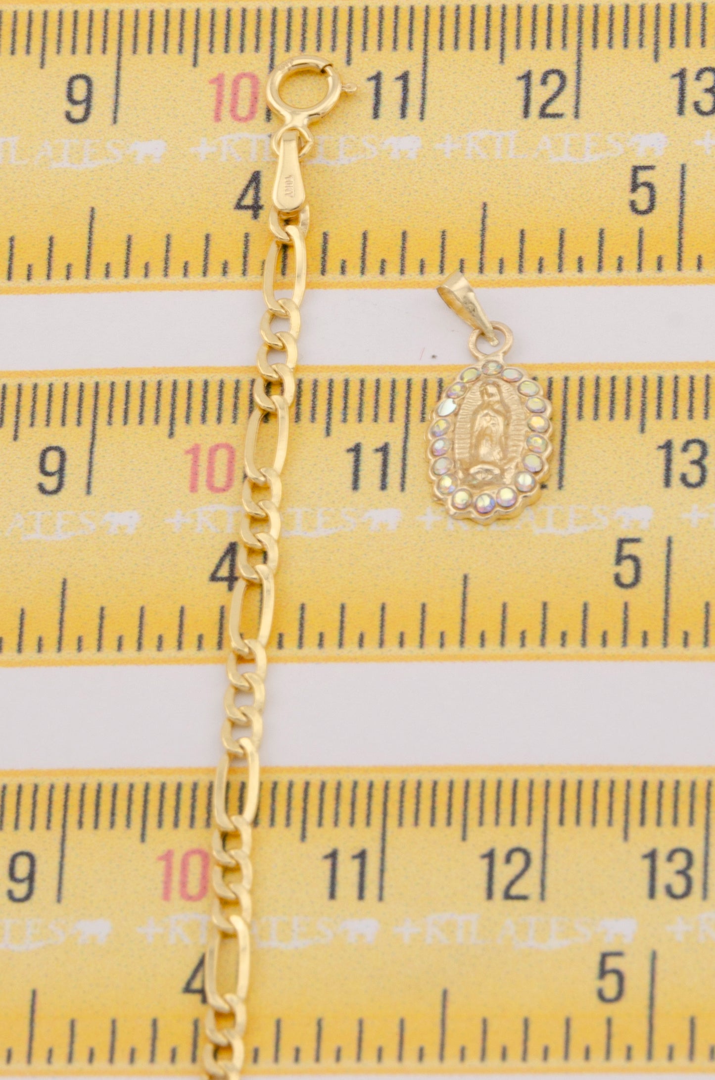 "CADENA DE 50CM PARA ADULTO ESTILO 3+1 CON DIJE DE DIJE DE LA VIRGEN CON ZIRCONIA TORNASOL. ORO 10K #775-3406"