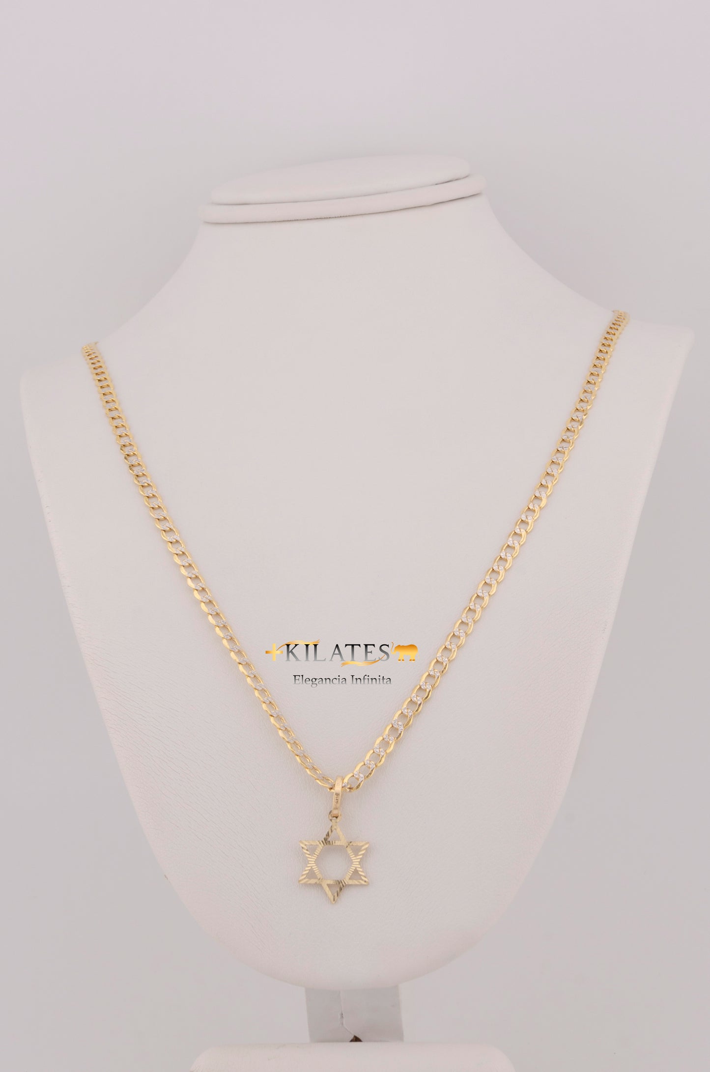 "CADENA DE 50CM PARA DAMA ESTILO CUBANA DIAMANTADA CON DIJE DE ESTRELLA DE DAVID. ORO 10K #775-3522"
