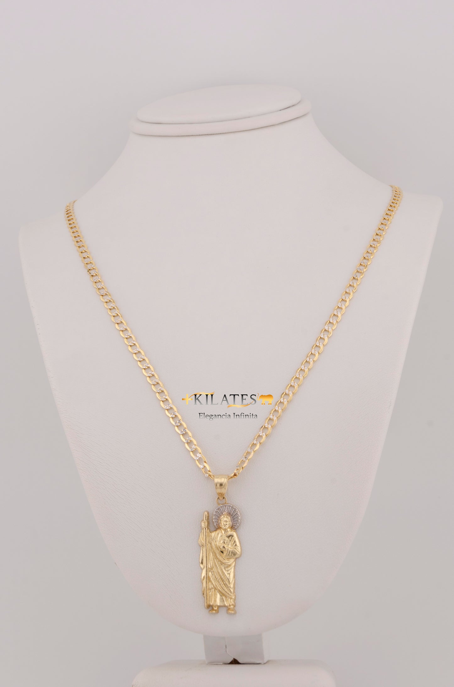 "CADENA DE 50CM PARA DAMA ESTILO CUBANA DIAMANTADA CON DIJE DE SAN JUDAS TADEO GRANDE. ORO 10K #775-3524"