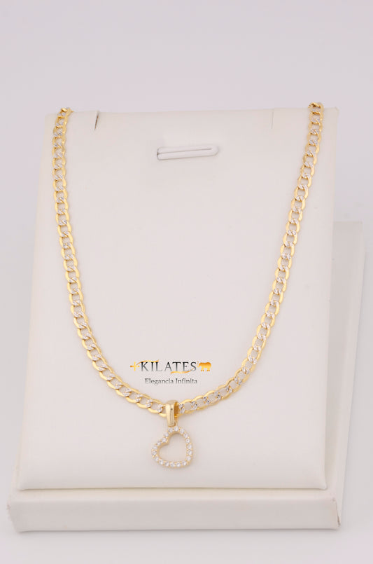"CADENA DE 50CM PARA DAMA ESTILO CUBANA DIAMANTADA CON DIJE DE CORAZON CON ZIRCONIA BLANCA. ORO 10K #775-3510"