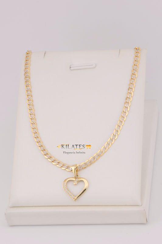 "CADENA DE 50CM PARA DAMA ESTILO CUBANA DIAMANTADA CON DIJE DE CORAZON CON ZIRCONIA BLANCA. ORO 10K #775-3511"